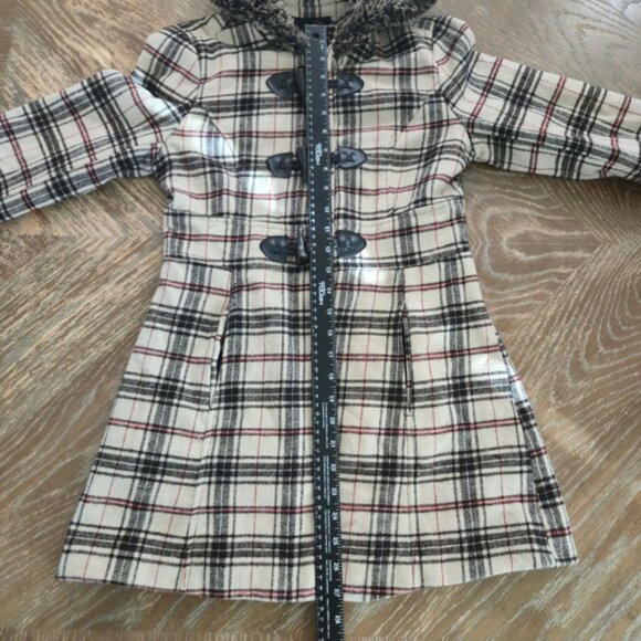 Say What? Plaid Toggle Coat w/ Faux Fur Hood Women’s M Beige Red Black - Picture 3 of 12